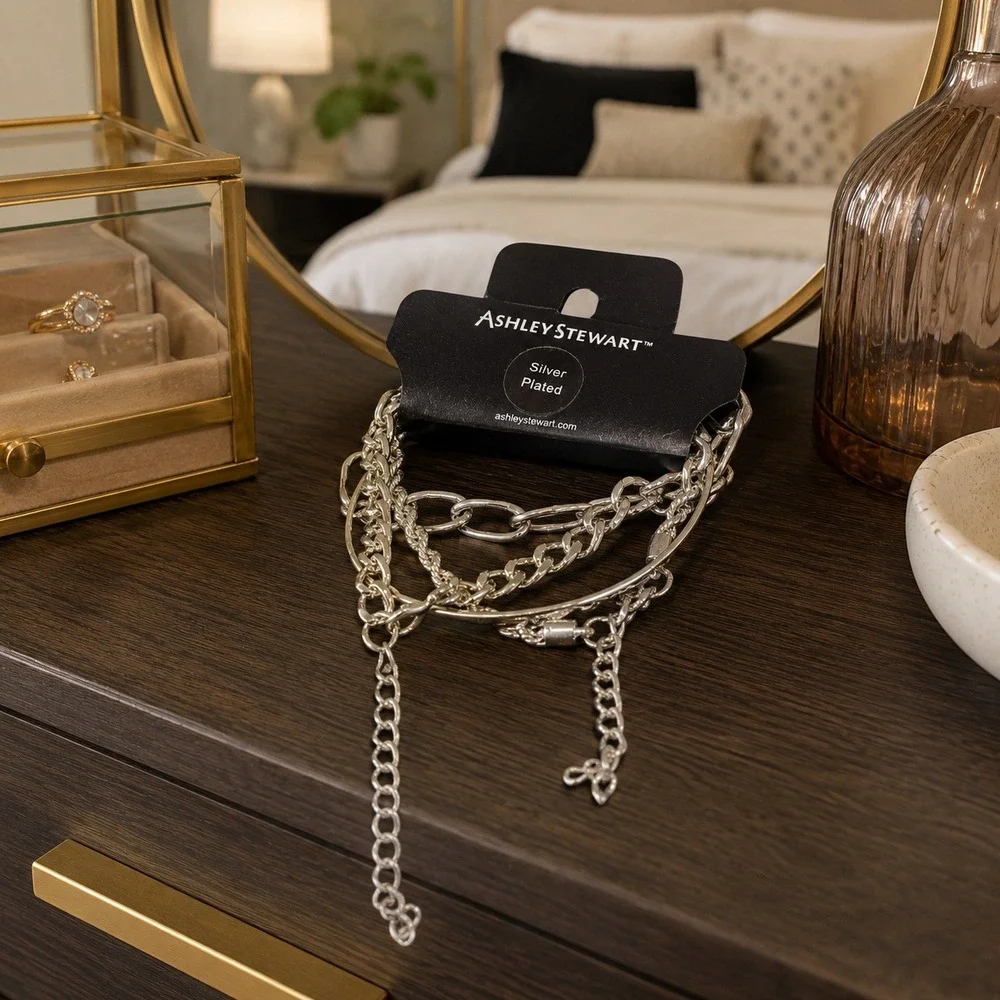 Ashley Stewart Silver Plated Layered Chain Bracelet Multi Strand Adjustable NWT